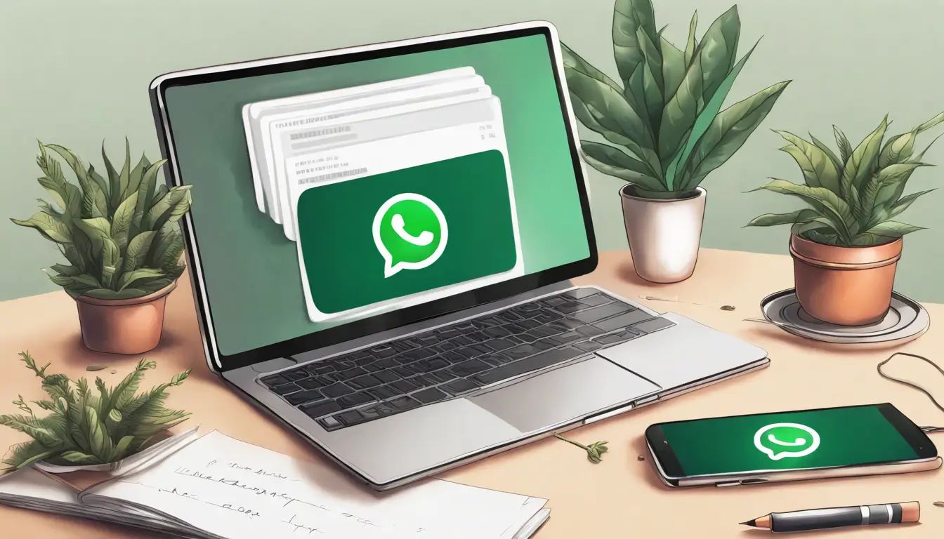Smartphone com conversa do WhatsApp e ícones de notificação em um escritório moderno, com planta e laptop exibindo gráficos.