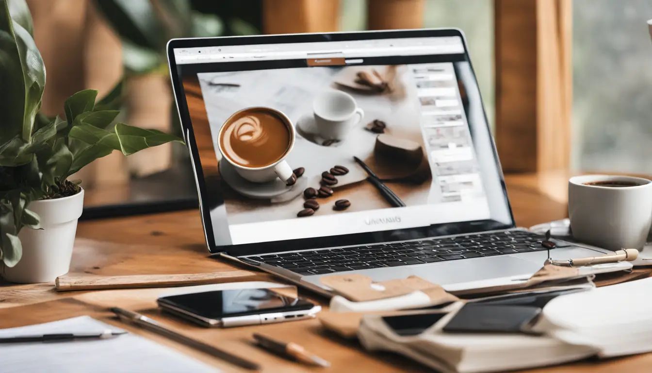 Mesa de escritório com laptop exibindo gráficos de marketing, smartphone mostrando UTM, bloco de notas, caneta, xícara de café e planta pequena.