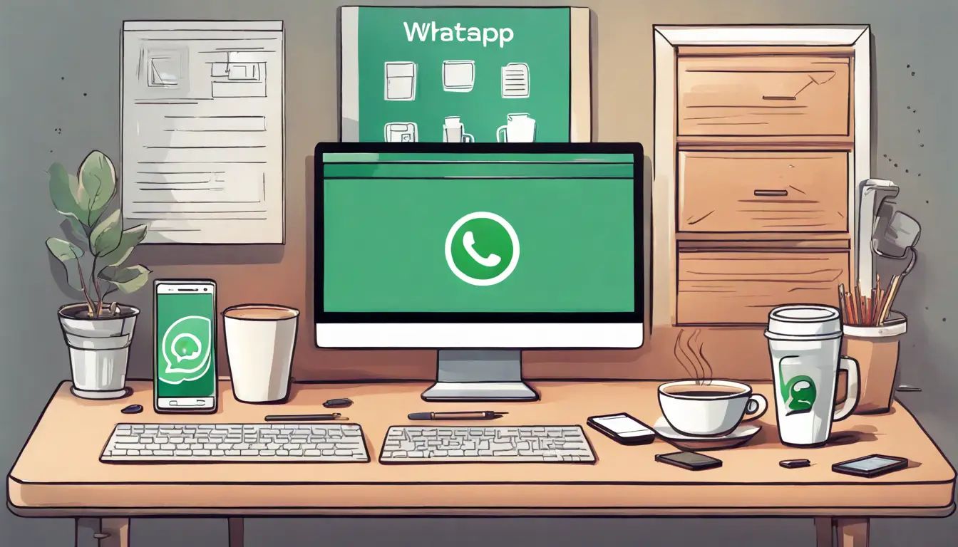 Computador exibindo chat do WhatsApp, um smartphone com ícones de notificação e uma caneca de café em uma mesa de escritório organizada.