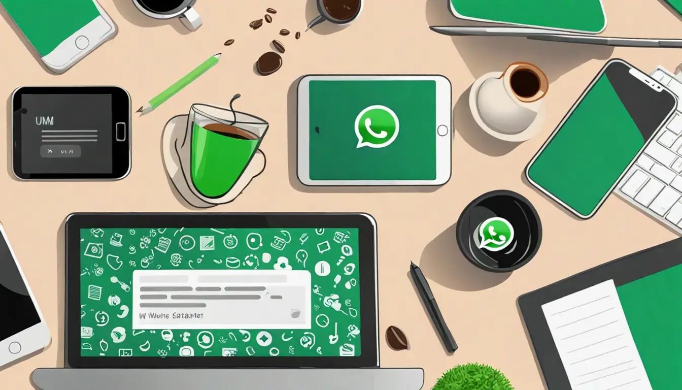 Smartphone preto exibindo notificações de mensagens do WhatsApp, em uma mesa de escritório com um laptop prateado e uma caneca de café branca.