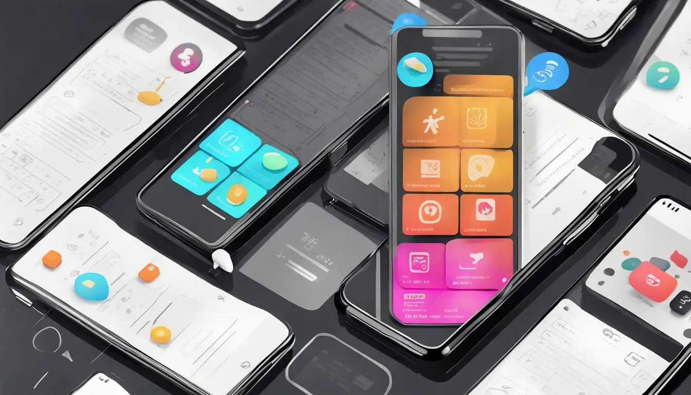 Smartphone moderno com interface de chat e ícones de notificações de mensagens em tema escuro, sobre fundo branco.