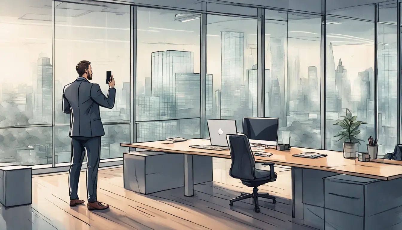 Executivo em um escritório moderno segurando um smartphone com notificações do WhatsApp, mesa de conferência com laptops e papéis ao fundo.