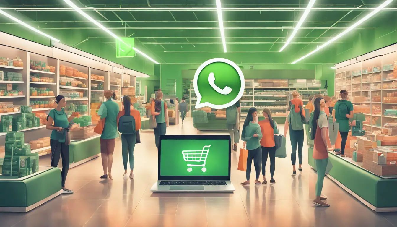 Loja de comércio eletrônico movimentada com compradores usando smartphones e logotipo do WhatsApp destacado.