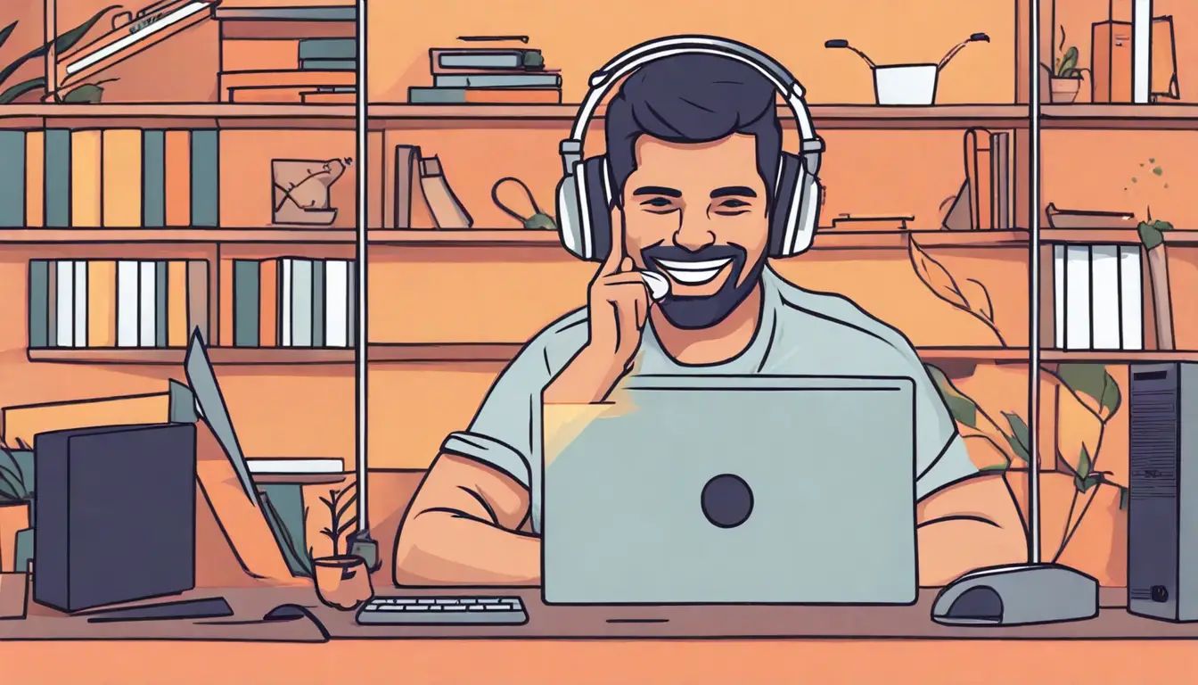 Secretária com fones de ouvido e cliente com fita métrica em escritório moderno, computador mostra notificações inteligentes.