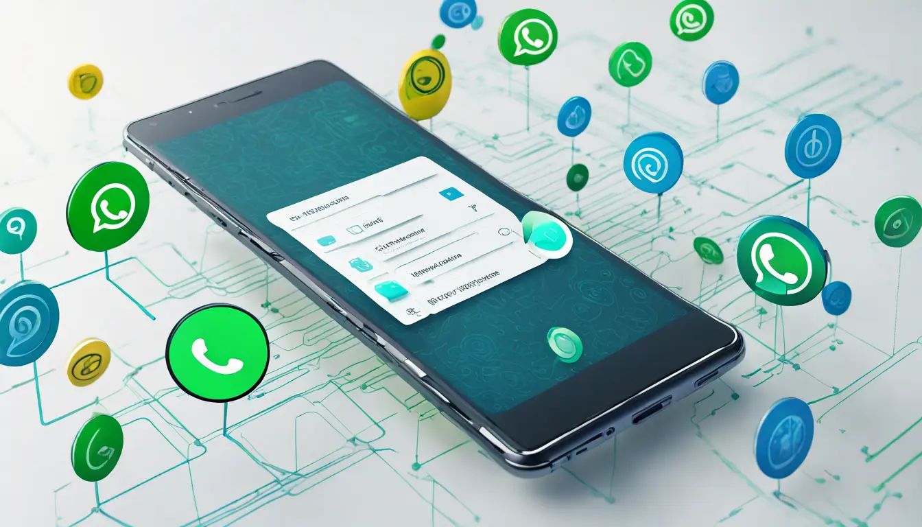 Smartphone com interface do WhatsApp e ícones de notificação em azul e verde simbolizando automação.