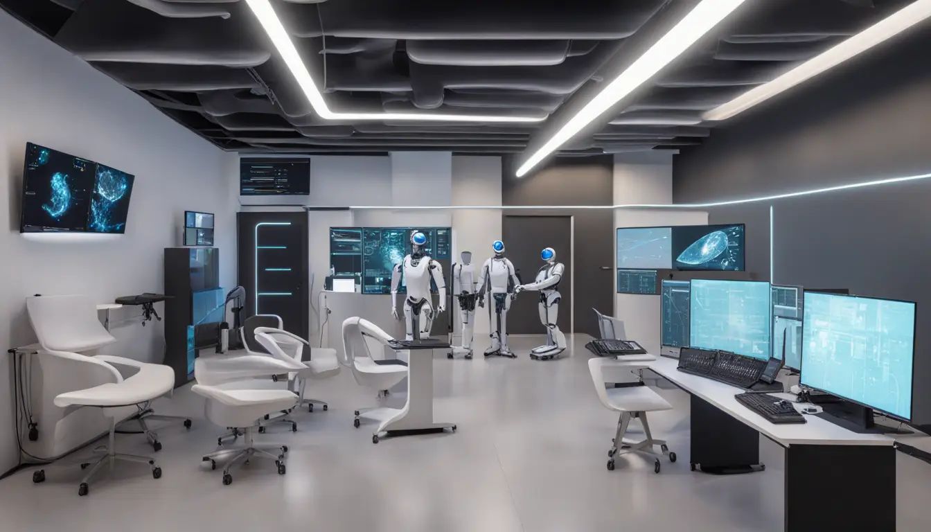 Robôs humanoides operando computadores em uma sala de atendimento com monitores grandes e assistentes virtuais holográficos.