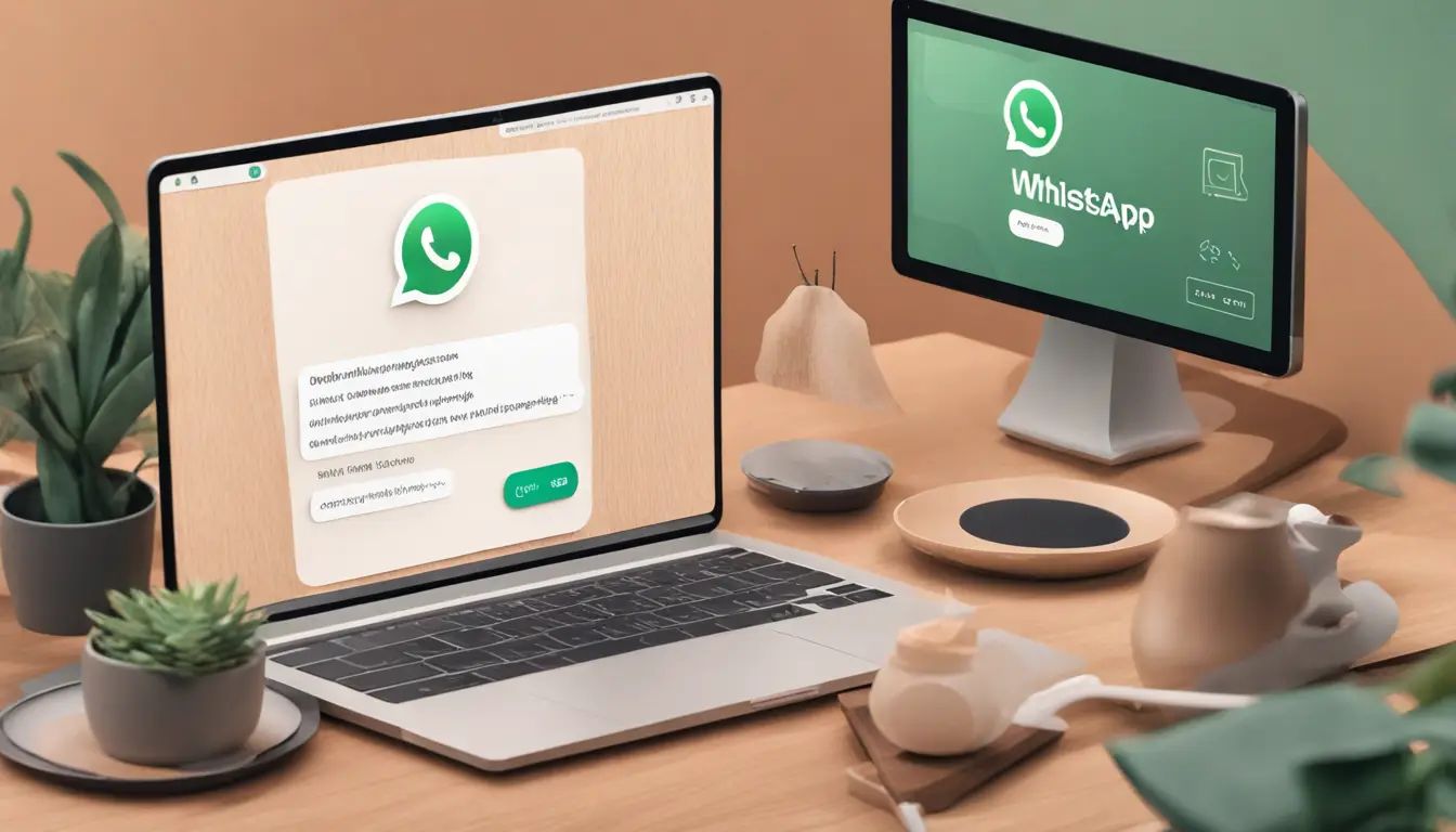 Pessoa em escritório usando laptop com WhatsApp Business Web, cercado por ícones de notificação inteligentes.