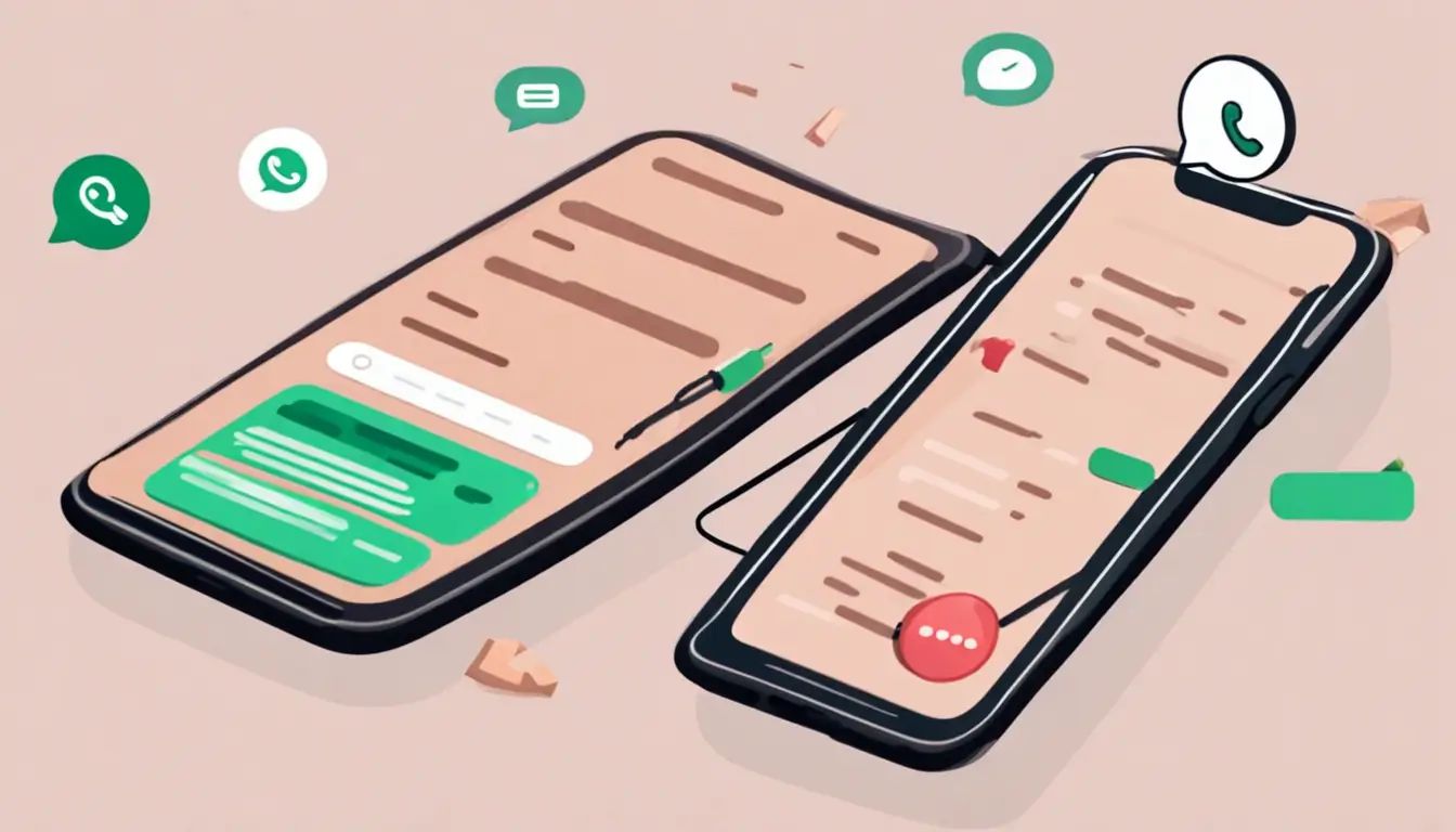 Ilustração de dois smartphones com telas de WhatsApp exibindo conversas e notificações. Ícones de chat e chamada ao redor, em um fundo claro e neutro com detalhes minimalistas.
