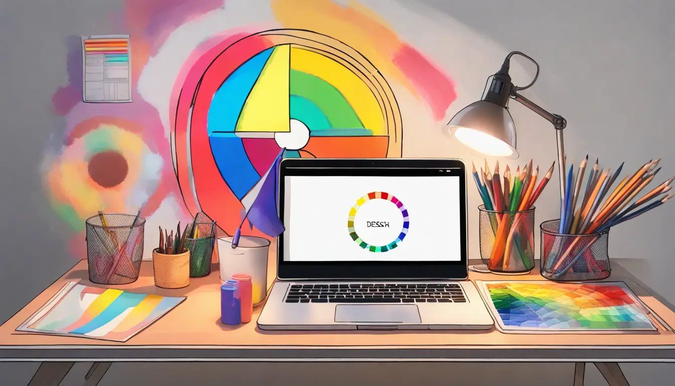 Roda de cores e amostras de tinta em uma mesa com laptop e lápis coloridos.