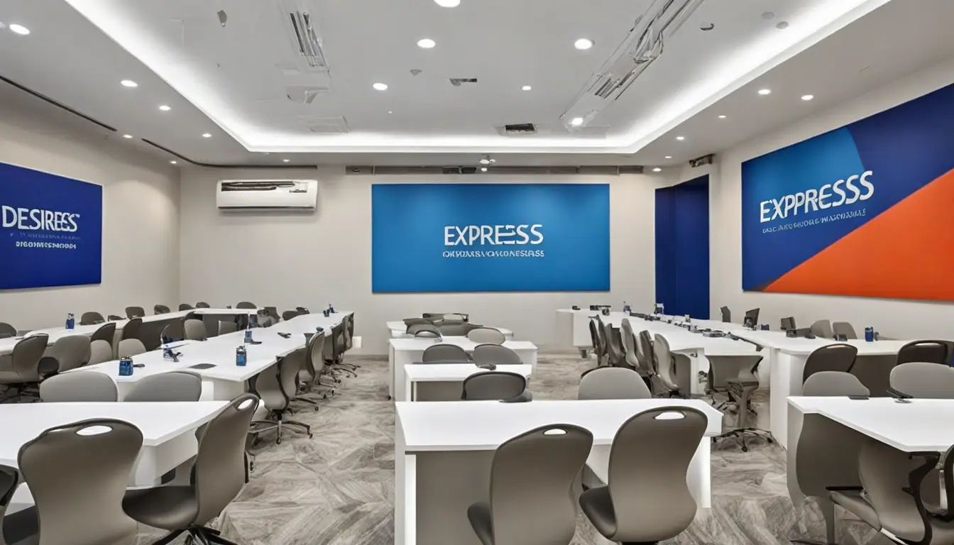 Empresário escolhendo nome de empresa em sala de reuniões, cercado por quadros brancos com logotipos coloridos.
