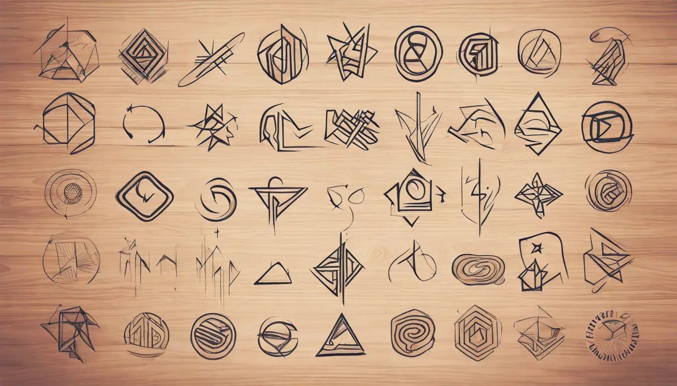 Esboços de logotipos diversos em mesa de madeira com formas geométricas, símbolos abstratos e tipografia em várias cores.