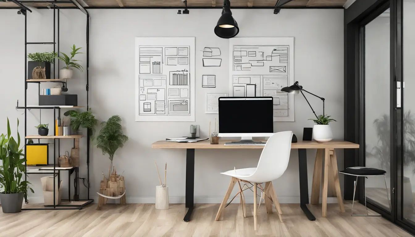 Escritório moderno com mesa de madeira, laptops, tablets, papéis e quadro branco com gráficos coloridos, janela com vista para a cidade.
