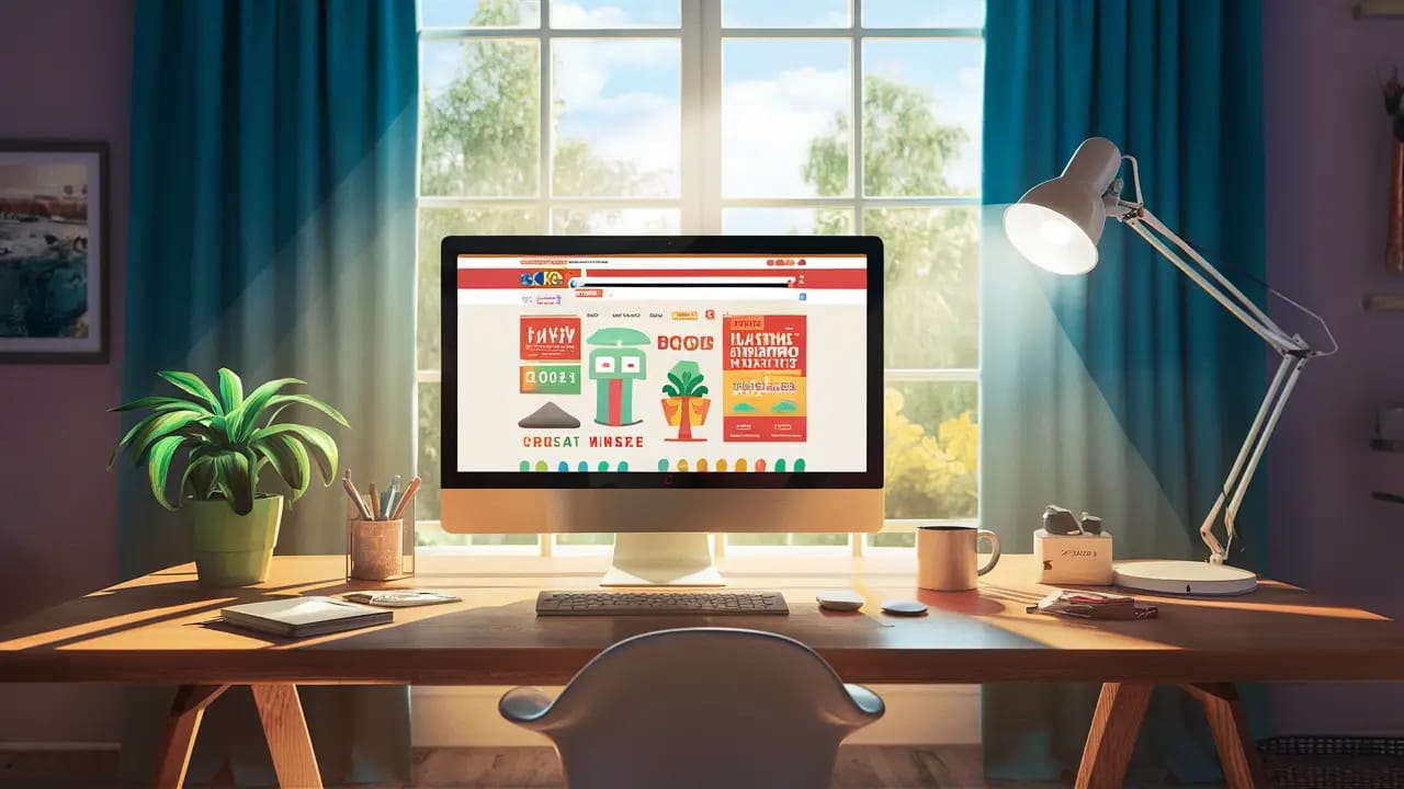 Escritório moderno e colorido com computador, planta verde, caneca branca e cortinas azuis iluminado pela luz solar.