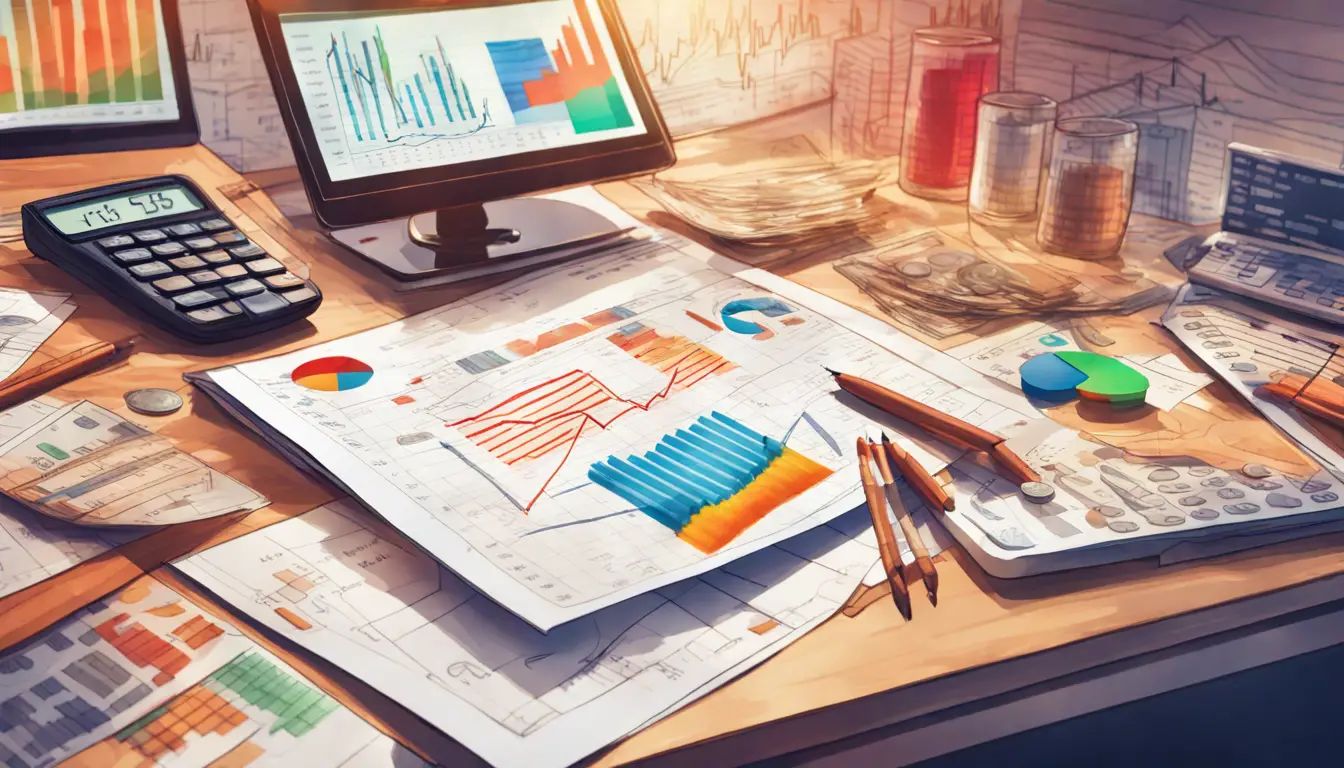 Mesa com gráficos financeiros coloridos, etiquetas de preços variadas e moedas espalhadas sob luz suave.