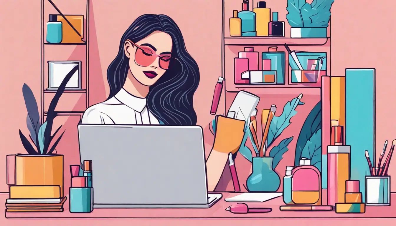 Mulher em escritório moderno, rodeada de cosméticos coloridos enquanto trabalha no laptop.