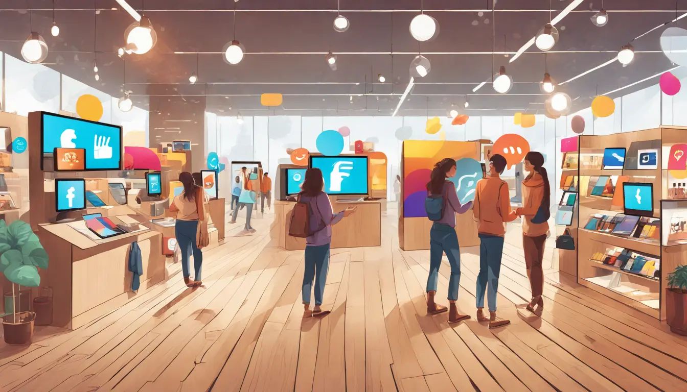 Clientes interagindo com telas digitais e produtos físicos em loja moderna com ícones de canais de comunicação.