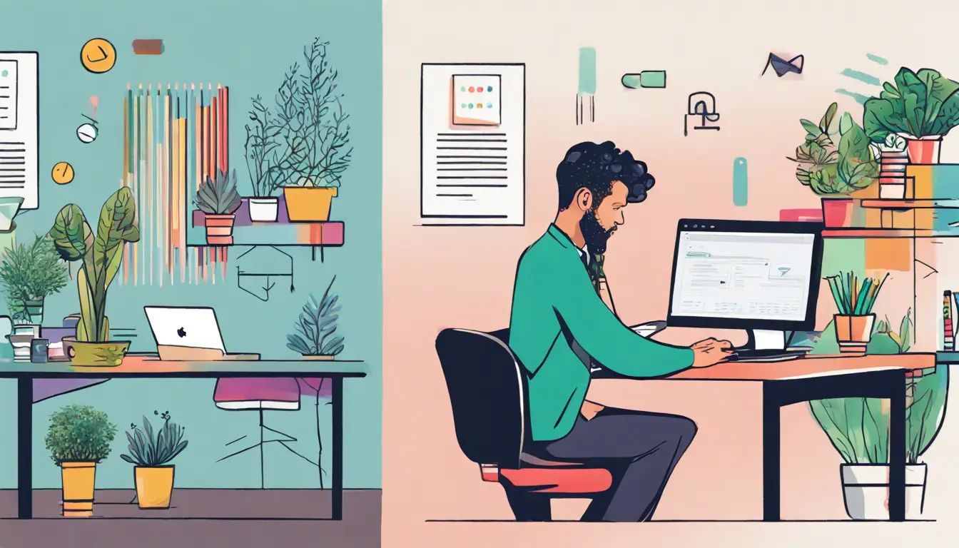 Ambiente de escritório dividido: à esquerda, dono de pequena empresa com smartphone e logo do WhatsApp; à direita, escritório corporativo com laptop mostrando código API.