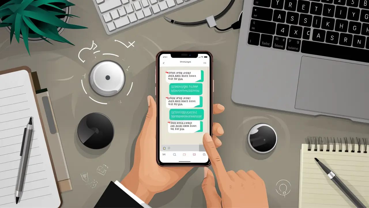 Smartphone com mensagens do WhatsApp e laptop com software de automação em mesa de escritório moderno.