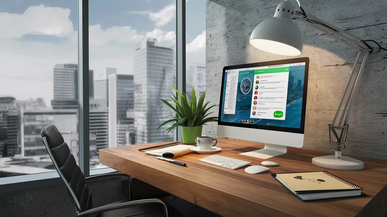Escritório com mesa de madeira, computador exibindo tela de chat do WhatsApp, xícara de café e planta verde.