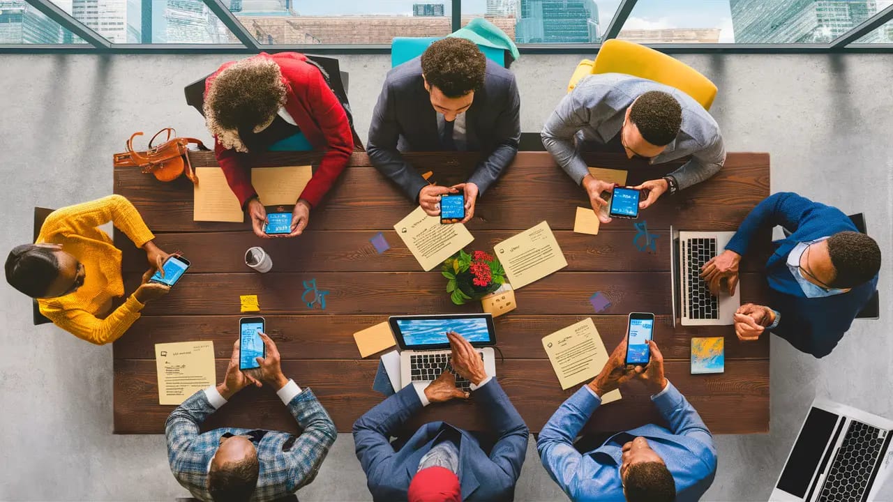 Pessoas diversas em torno de uma mesa com smartphones mostrando aplicativo de chat, laptops e janela com vista para cidade.