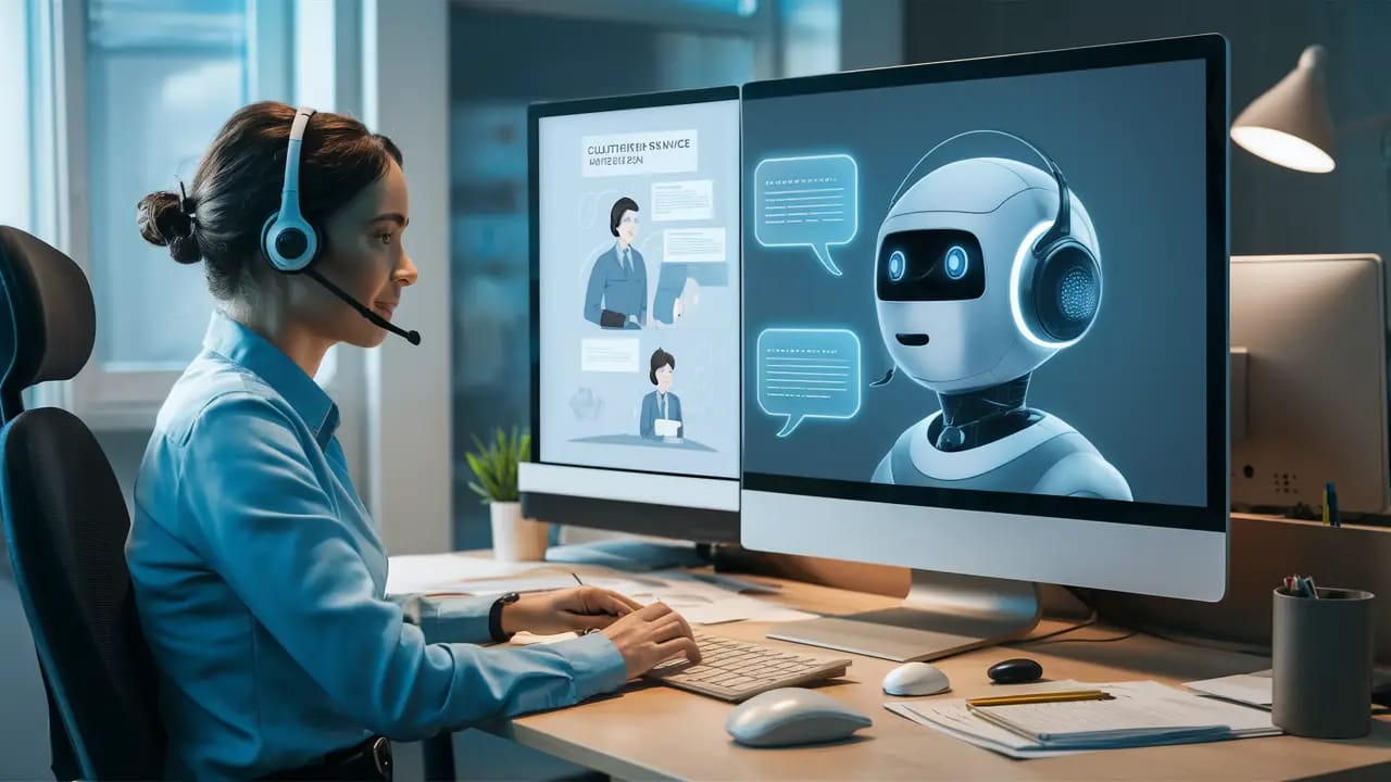 Monitor com tela dividida: atendente de suporte ao cliente com headset e interface de chatbot digital.