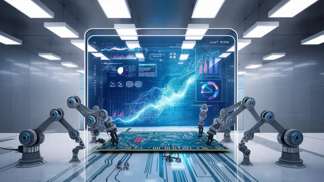 Tela sensível ao toque com gráficos digitais e braços robóticos montando placa de circuito em um escritório moderno.