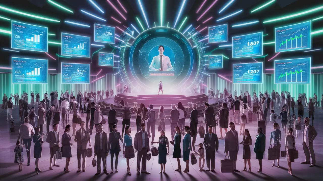 Salão de conferências futurista com hologramas e displays digitais de comércio eletrônico.