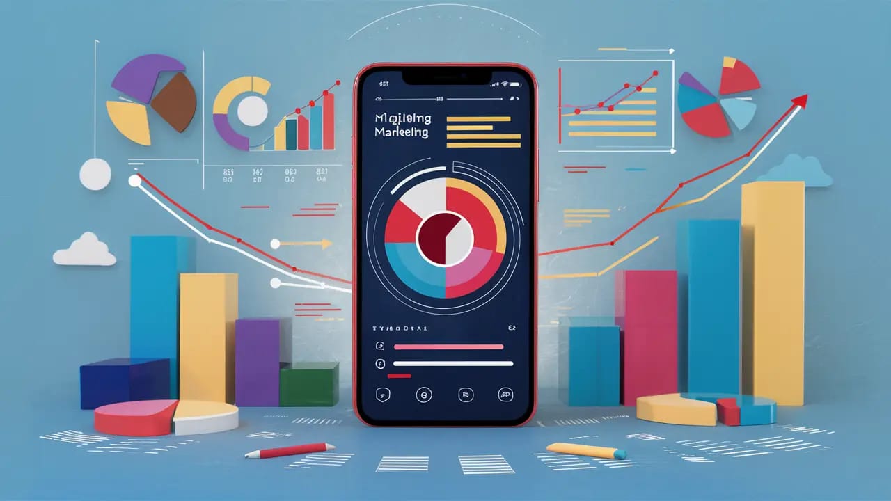 Smartphone mostra vídeo vertical rodeado por gráficos coloridos de marketing digital, fundo azul suave.