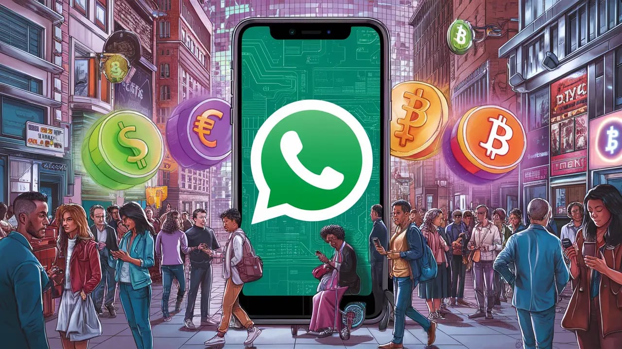 Tela de smartphone com logotipo do WhatsApp, pessoas diversas usando telefones e símbolos de moeda digital.