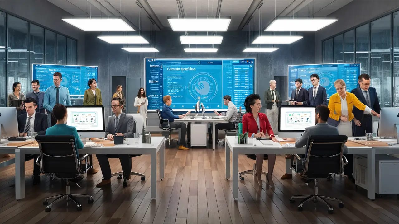 Pessoas diversas em um escritório moderno usando computadores e tablets com telas exibindo automação de atendimento.