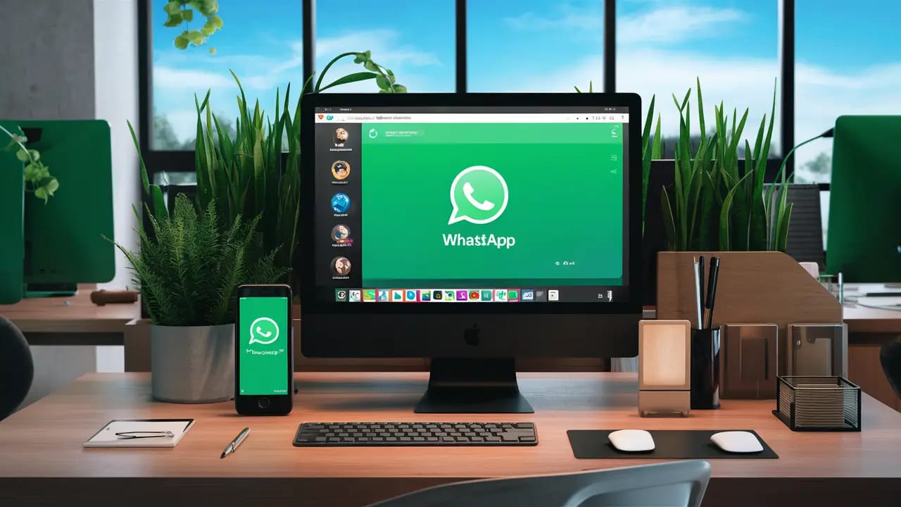 Computador e smartphone em mesa de escritório com interface do WhatsApp, plantas ao fundo e janela com céu azul.