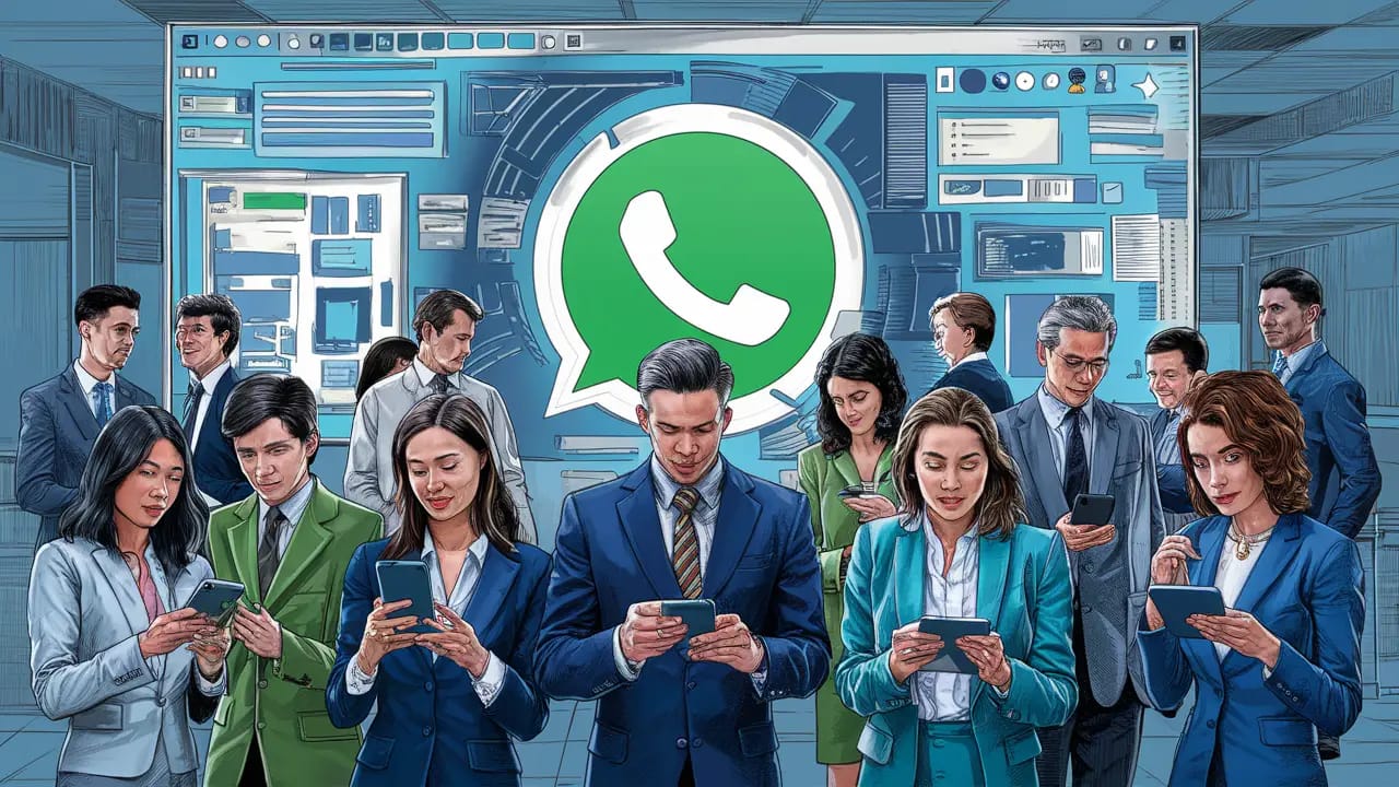 Pessoas diversas em um escritório moderno usando dispositivos móveis, concentradas em uma tela grande com interface do WhatsApp.
