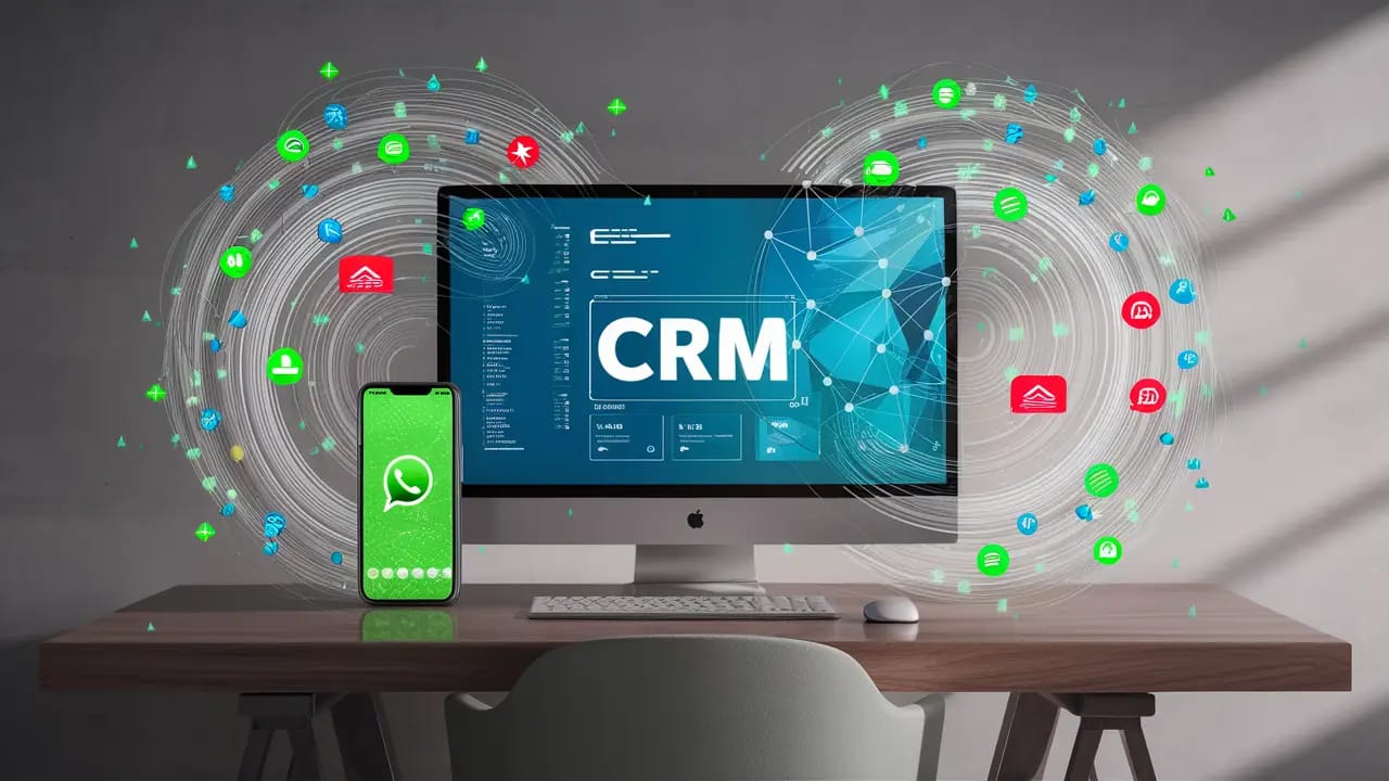 Tela de computador exibindo CRM, smartphone com WhatsApp, conectados por ícones de leads e mensagens, cores azul e verde.