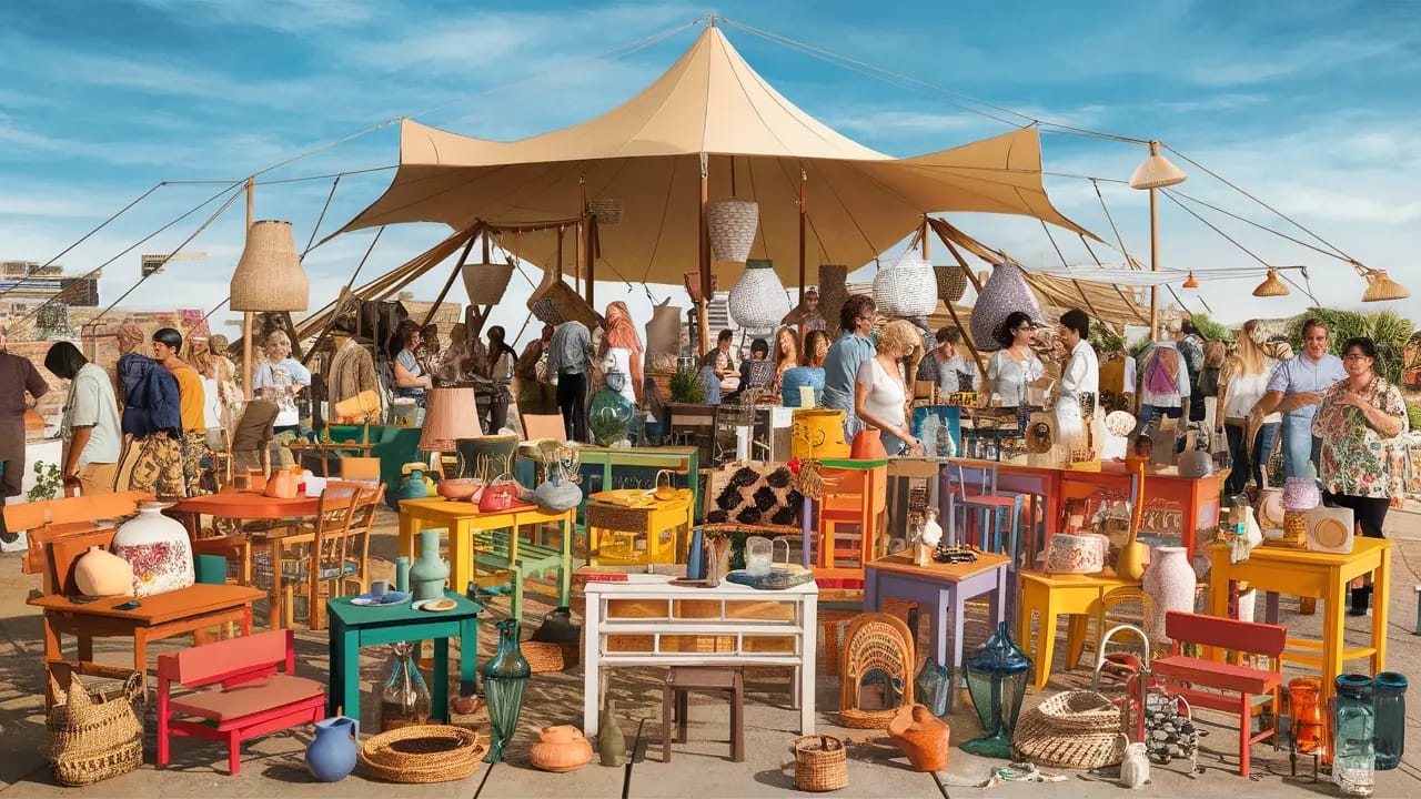 Mercado movimentado com móveis e itens de decoração variados sob tenda de lona, pessoas explorando em dia ensolarado.