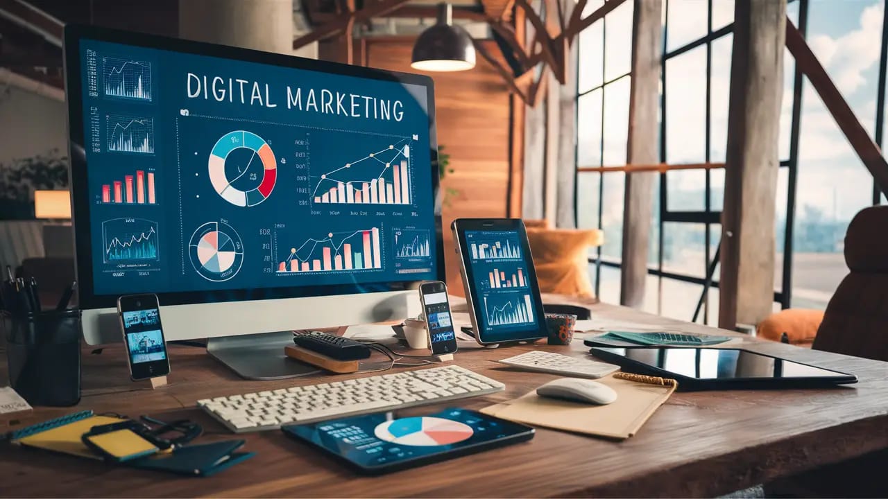 Painel de marketing digital em tela de computador com gráficos, cercado por dispositivos digitais sobre mesa de madeira.