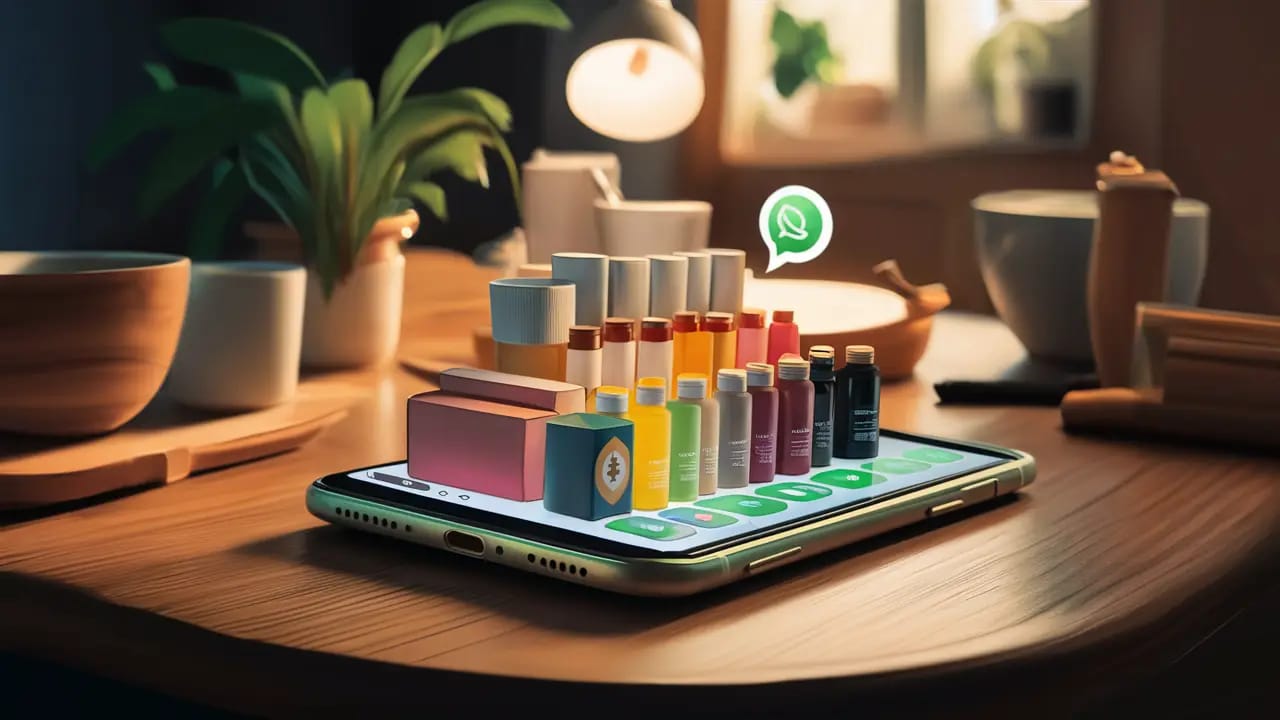 Smartphone em mesa de madeira exibindo chat de produtos no WhatsApp com ícones coloridos e bolsa de dinheiro verde.