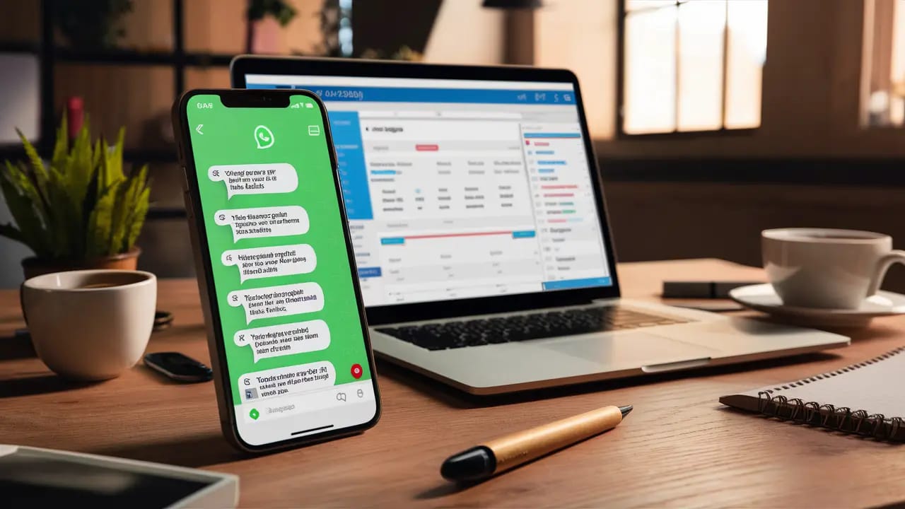 Smartphone com chat do WhatsApp aberto ao lado de laptop com painel de vendas em mesa de madeira.