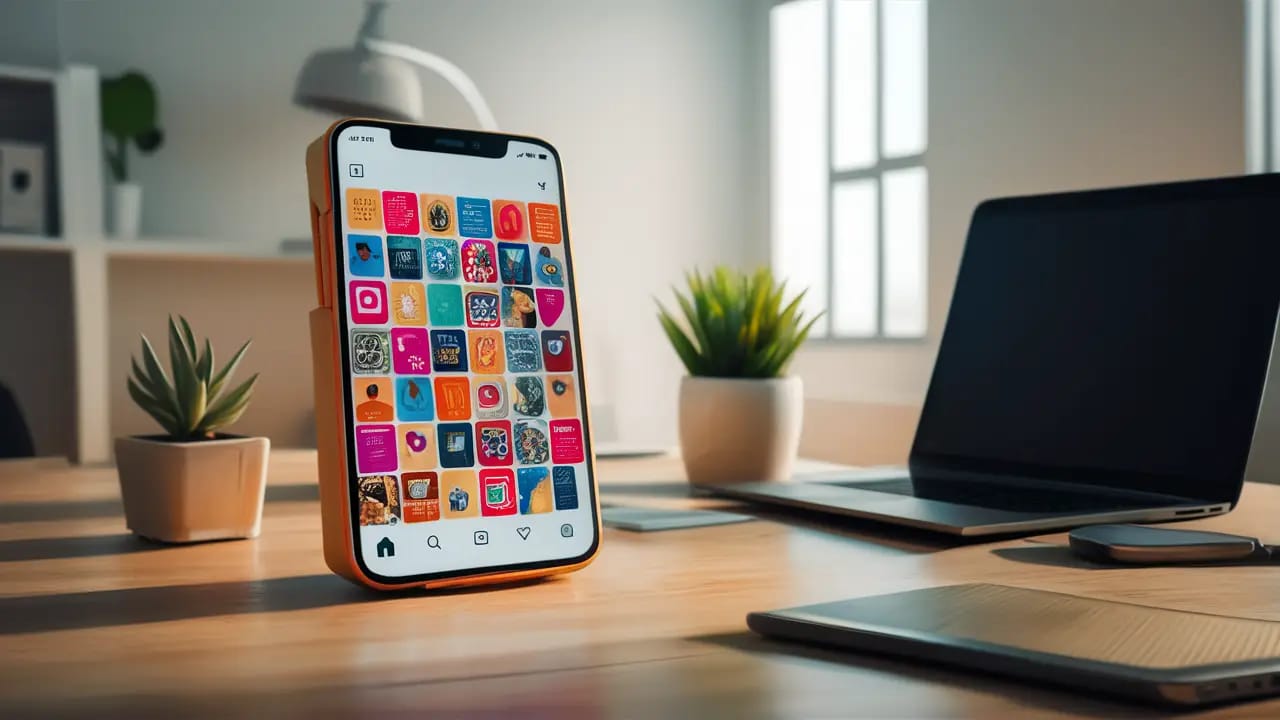 Smartphone exibindo uma grade de posts quadrados do Instagram em uma mesa de madeira com laptop e planta.