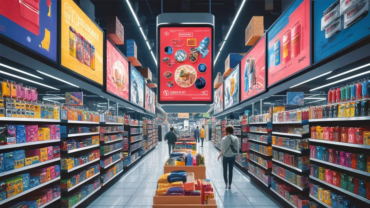 Telas digitais grandes exibem anúncios de produtos em loja cheia de mercadorias organizadas.