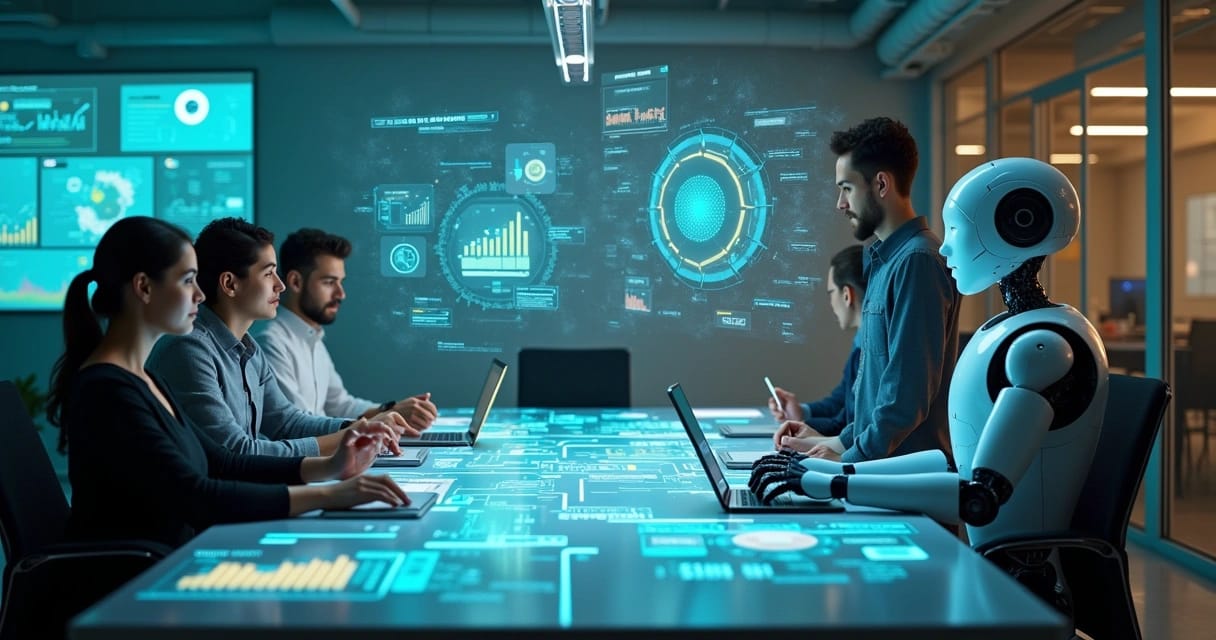Espaço de escritório futurista com agentes de IA auxiliando profissionais em um ambiente moderno.