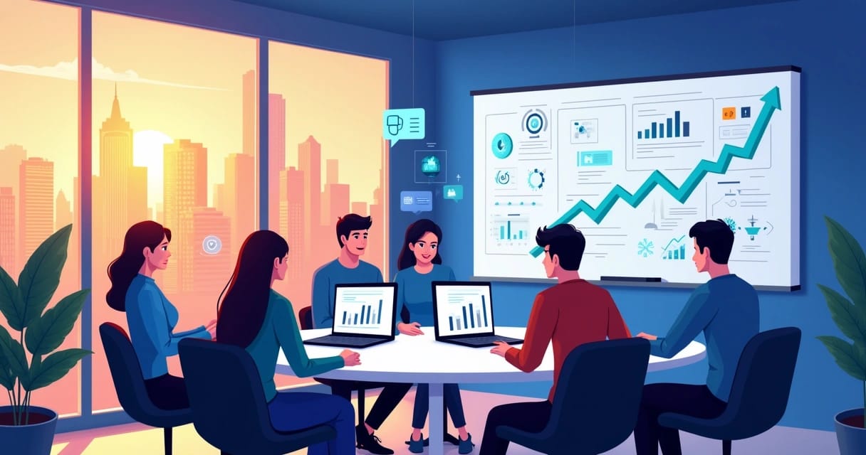 Equipe de vendas colaborando em um ambiente moderno, com gráficos de vendas e elementos de tecnologia.