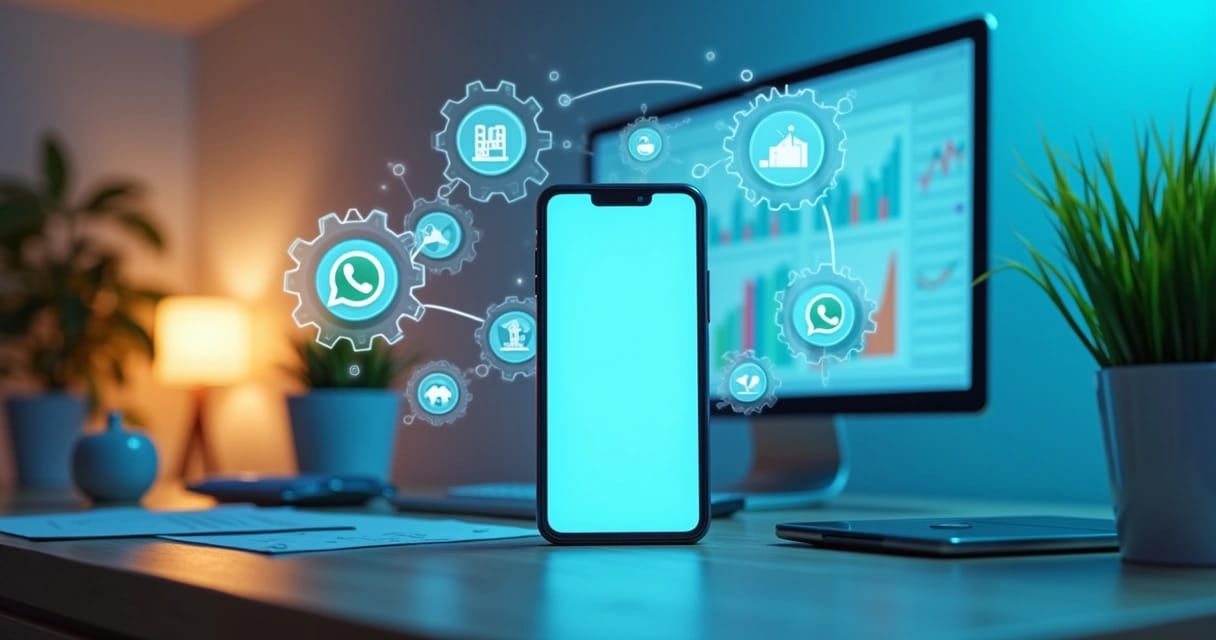 Espaço de trabalho moderno com smartphone exibindo mensagens do WhatsApp no centro.