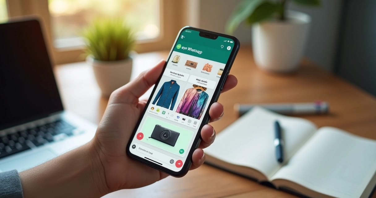 Celular com tela do WhatsApp mostrando mensagens personalizadas para vendas com fundo de escritório acolhedor.