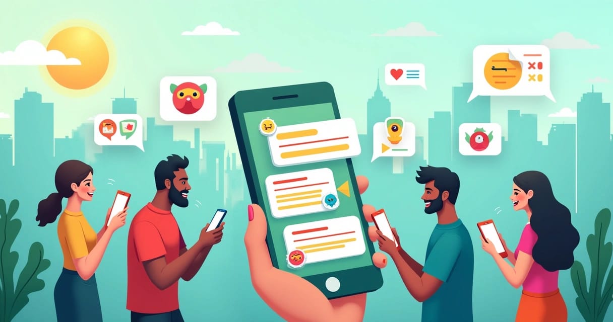 Campanha de marketing no WhatsApp com pessoas interagindo, gráficos e mensagens coloridas.
