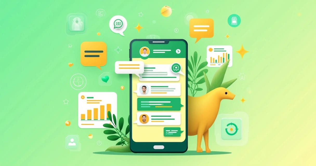 Interface do WhatsApp exibindo estratégias de pós-venda com ícones e gráficos informativos em um fundo vibrante.