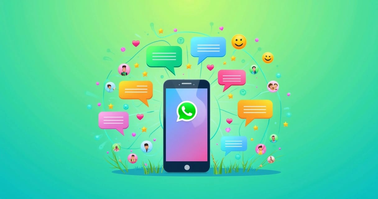 Celular com o logo do WhatsApp cercado por balões de fala coloridos, simbolizando engajamento.