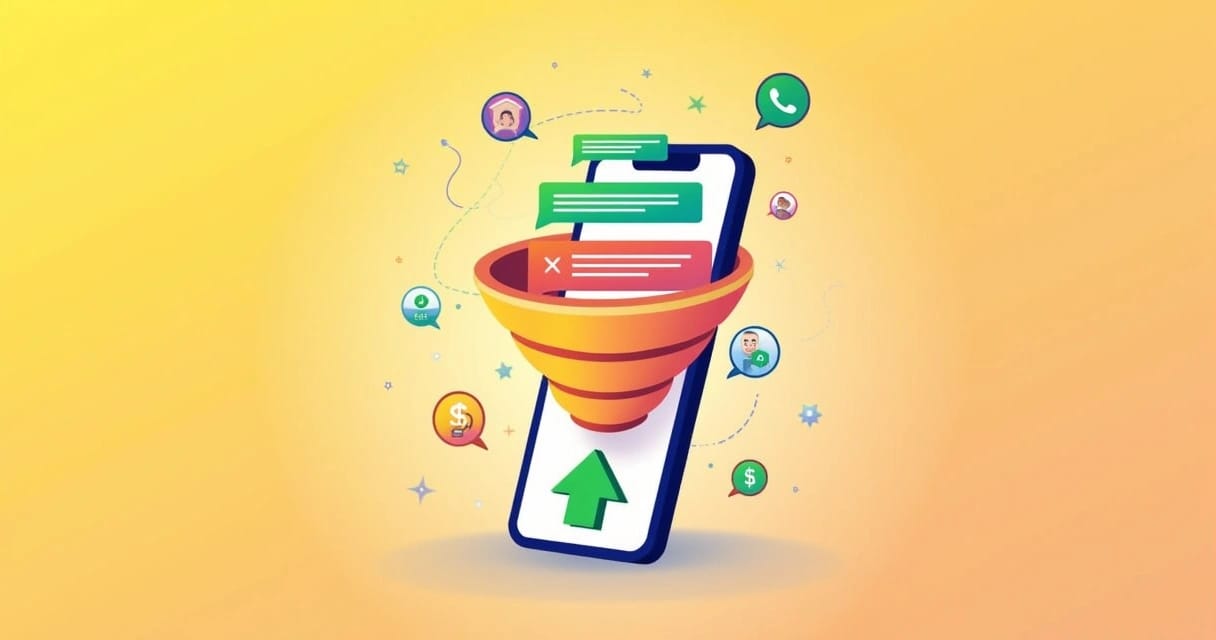 Ilustração de um smartphone com interface do WhatsApp mostrando mensagens sobre conversão de vendas.