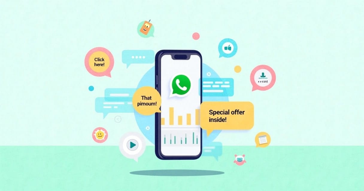 Ilustração de um smartphone com interface do WhatsApp destacando interações e ícones chamativos.