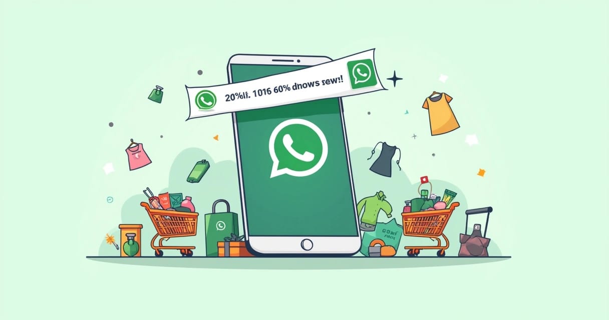 Ilustração de smartphone com o logo do WhatsApp, cercado por carrinhos de compras e mensagens de recuperação.