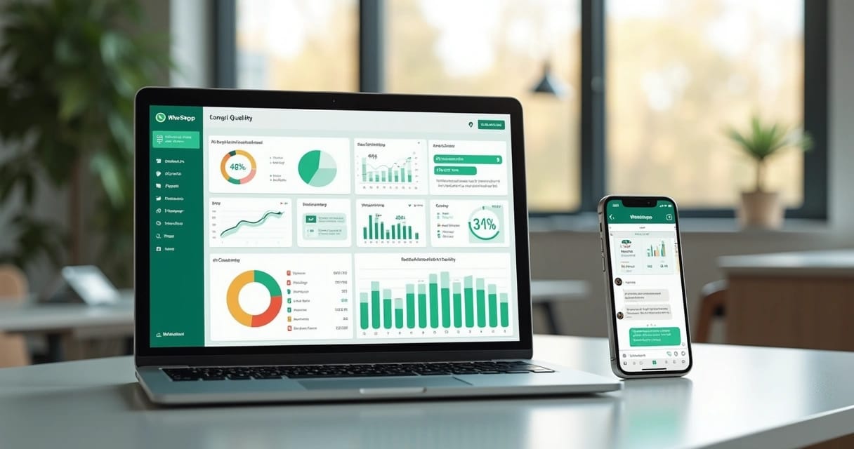 Mesa de trabalho com computador mostrando dashboard de indicadores de atendimento no WhatsApp, gráficos e métricas em destaque, ao lado smartphone com conversa ativa no WhatsApp